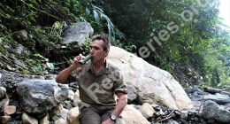 Clayton having tea break with bamboo cup